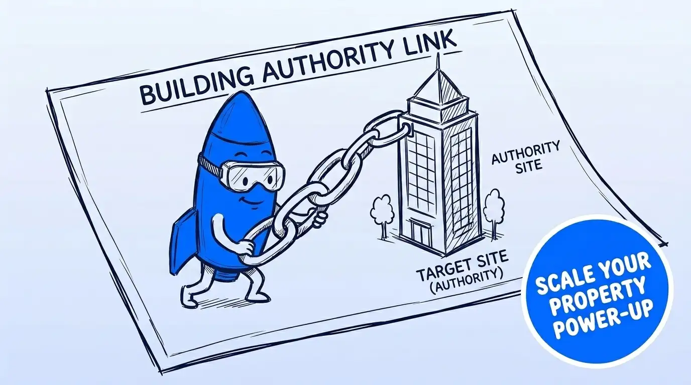 Cartoon character building authority links between sites, highlighting real estate link building benefits.
