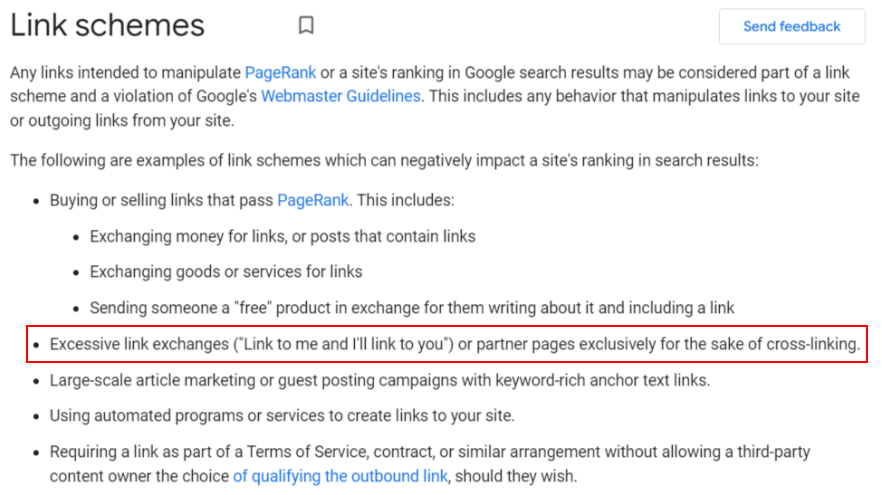 Google Search Central “Link schemes” page with the bullet on excessive link exchanges highlighted.