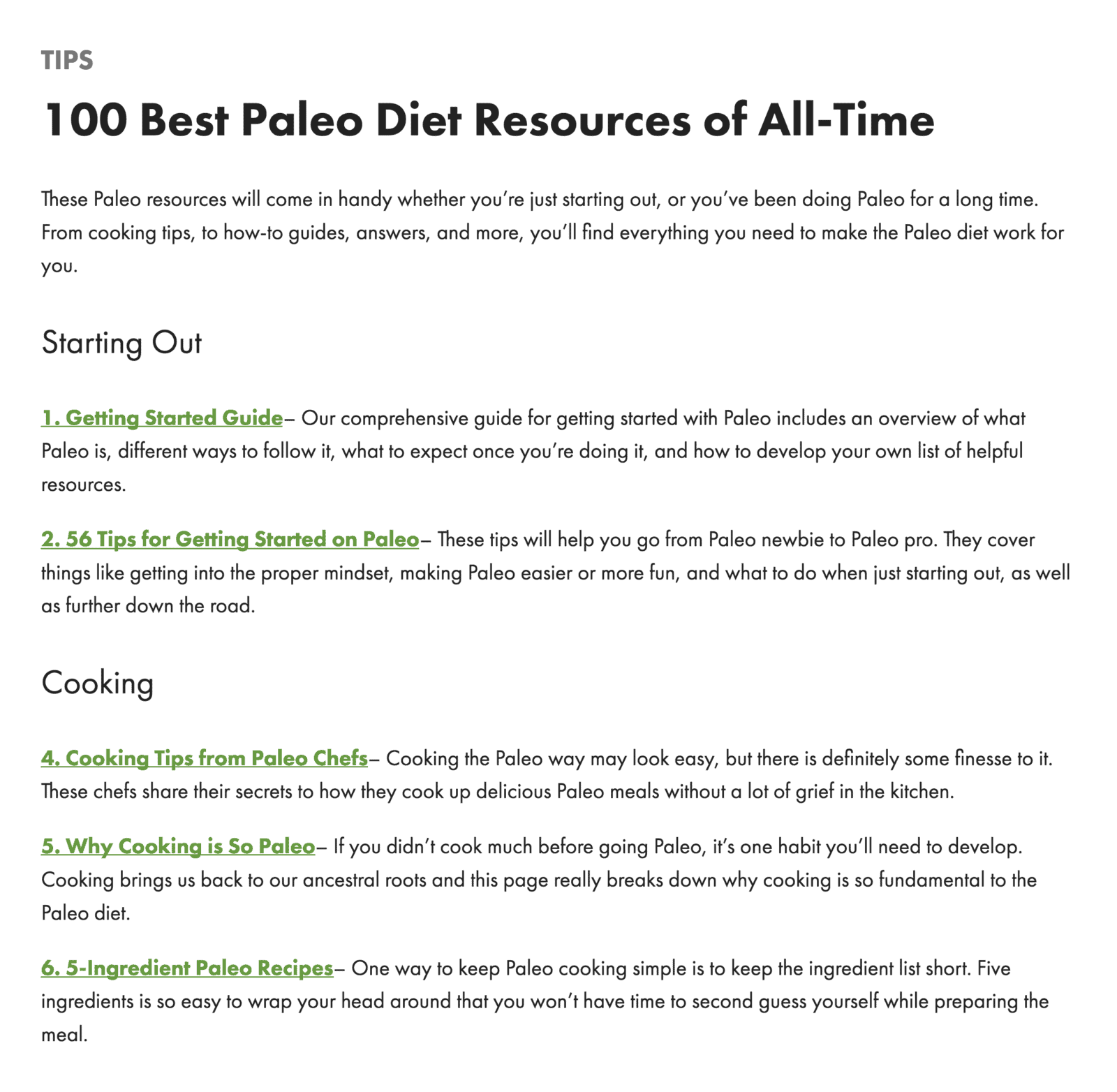 Example resource page titled “100 Best Paleo Diet Resources of All-Time”, with links grouped under Starting Out and Cooking.