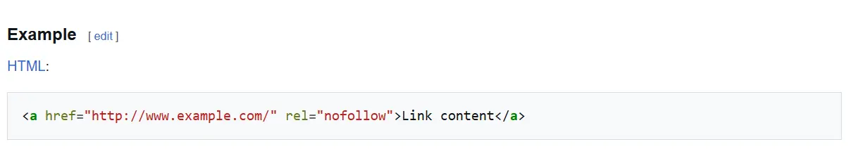 HTML code snippet showing a "nofollow" backlink example for types of backlinks.