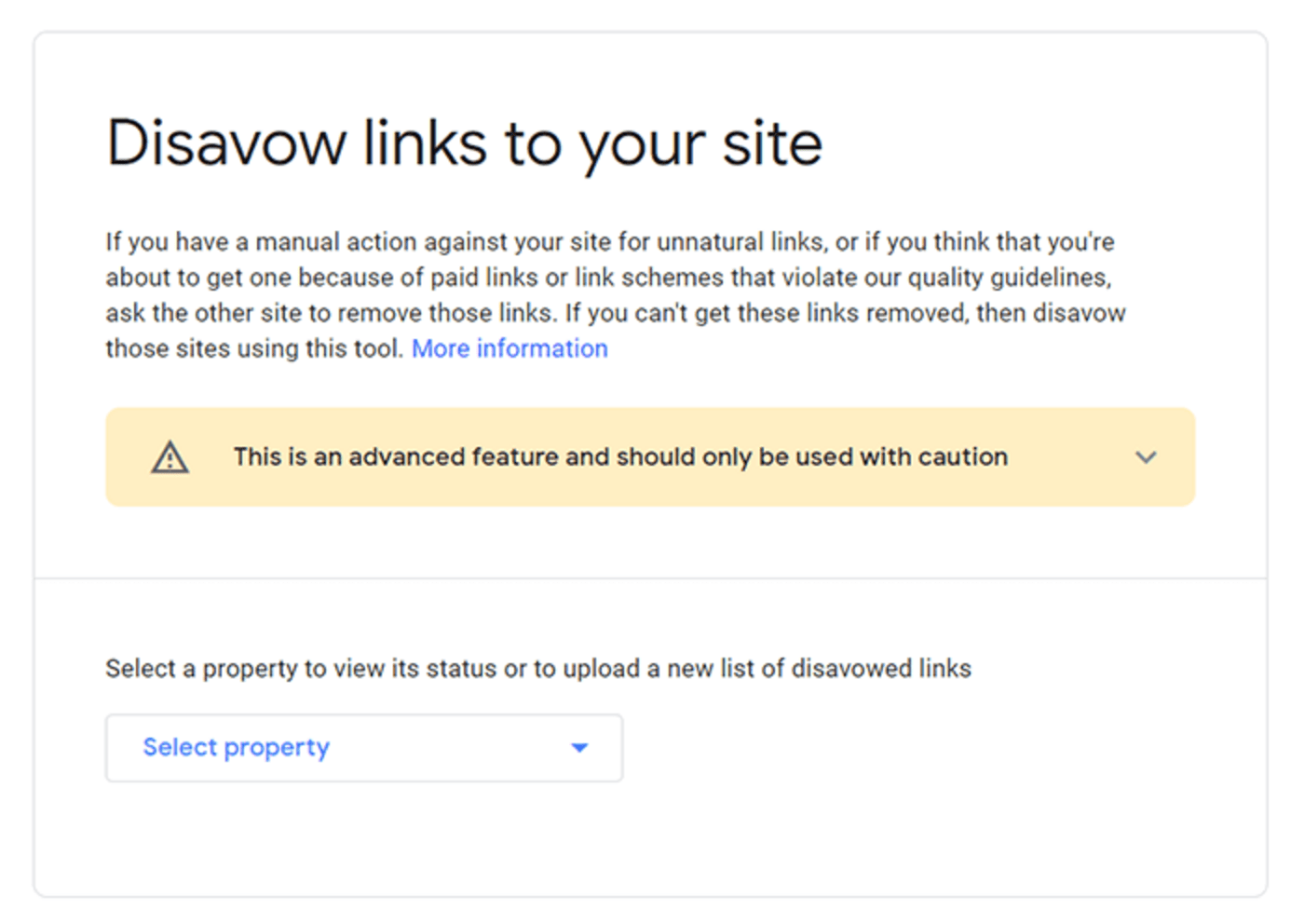 Google Search Console “Disavow links to your site” page with a warning that the tool is an advanced feature to use with caution.