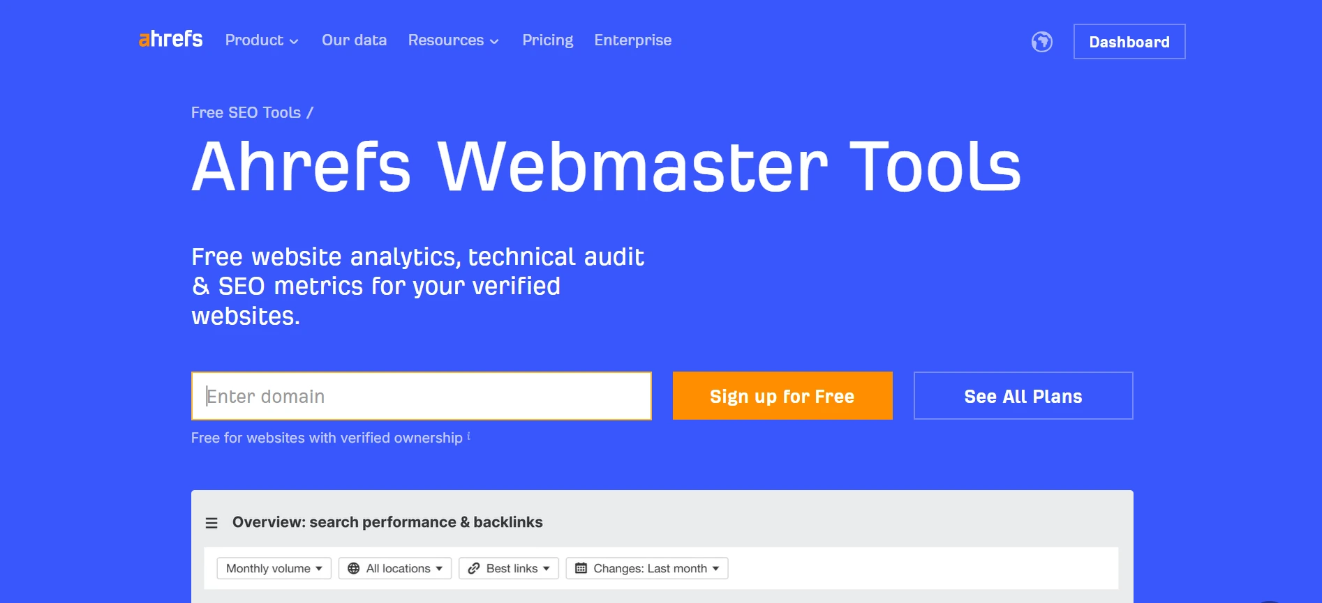 Ahrefs Webmaster Tools homepage offering free analytics and SEO metrics to check website rank on Google.