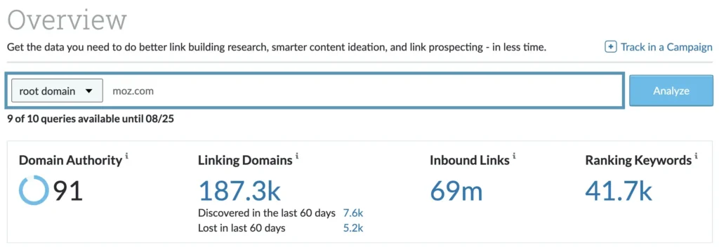 Moz.com authority backlinks data: Domain Authority 91, 187.3k linking domains, 69m inbound links, 41.7k ranking keywords.