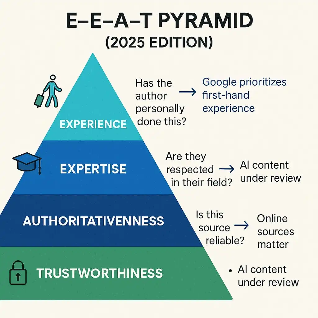 E-E-A-T Pyramid 2025: Experience, Expertise, Authoritativeness, Trustworthiness guide for authority backlinks.