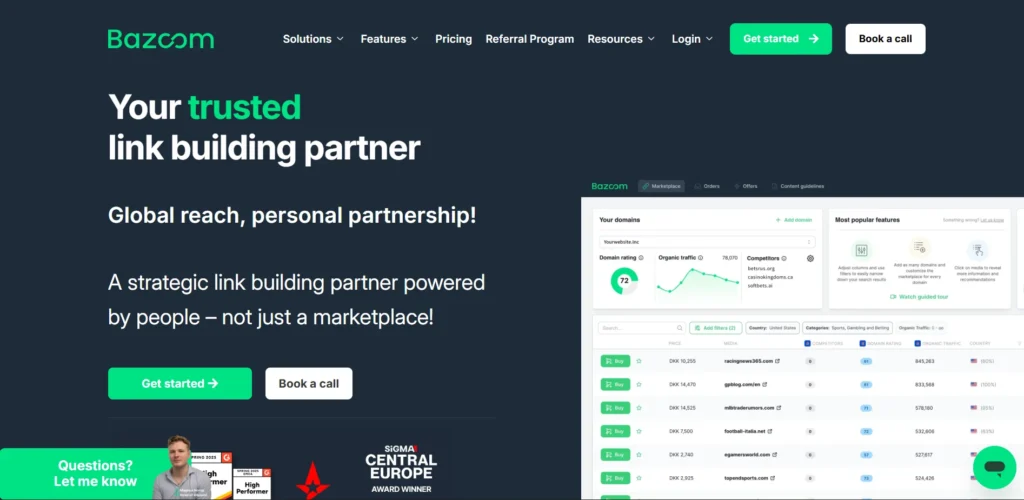 Bazoom homepage with a focus on link building services. Keywords: Buy Backlinks, trusted partner, global reach.