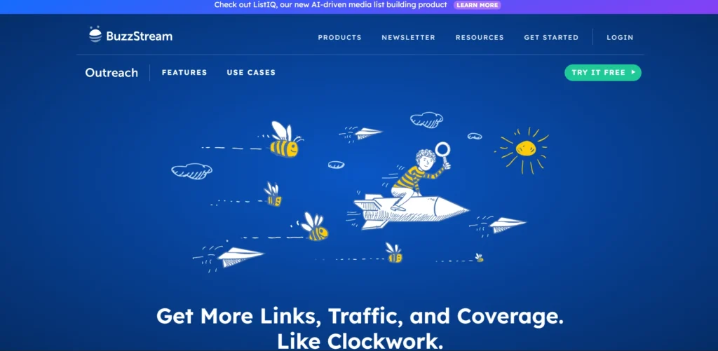 Cartoon of a person on a rocket among bees and paper planes; text promotes link building software benefits.