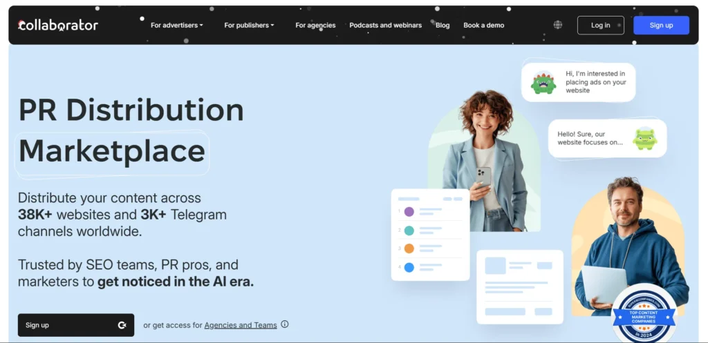 PR Distribution Marketplace offering to buy backlinks and distribute content across 38K+ websites and 3K+ Telegram channels.