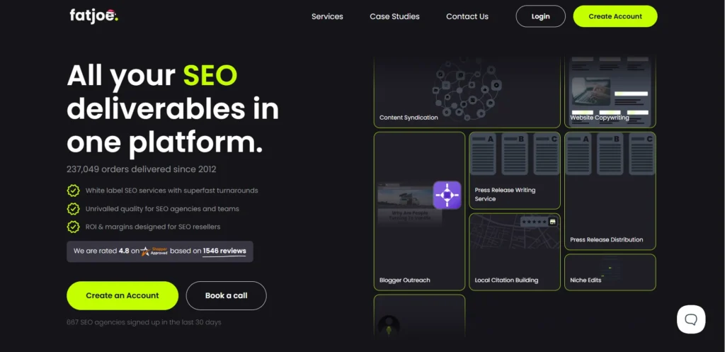 SEO services platform offering backlink purchase, content syndication, press writing, and blogger outreach for agencies.