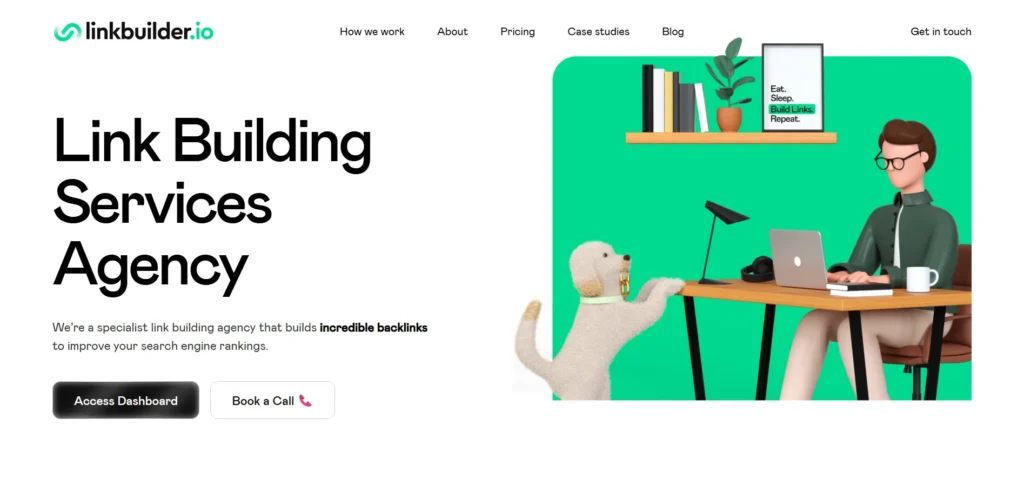 Link building services agency homepage, featuring "Buy Backlinks" agency text, with digital workspace illustration.