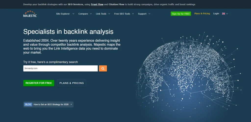 Majestic site offers link building software for backlink analysis, featuring a digital map of global connections.