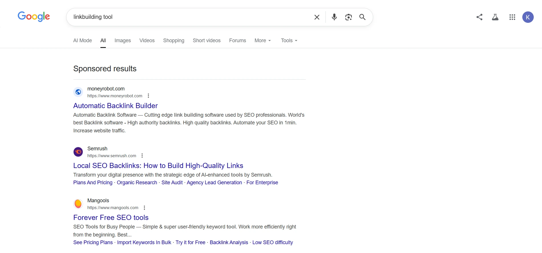 Google search results for "linkbuilding tool," showing sponsored ads for SEO tools like backlink builders and analysis services.