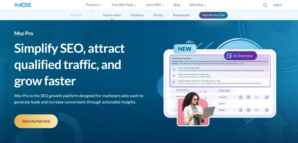 Moz Pro homepage showcasing link building software for SEO, emphasizing increased traffic and conversions with AI tools.
