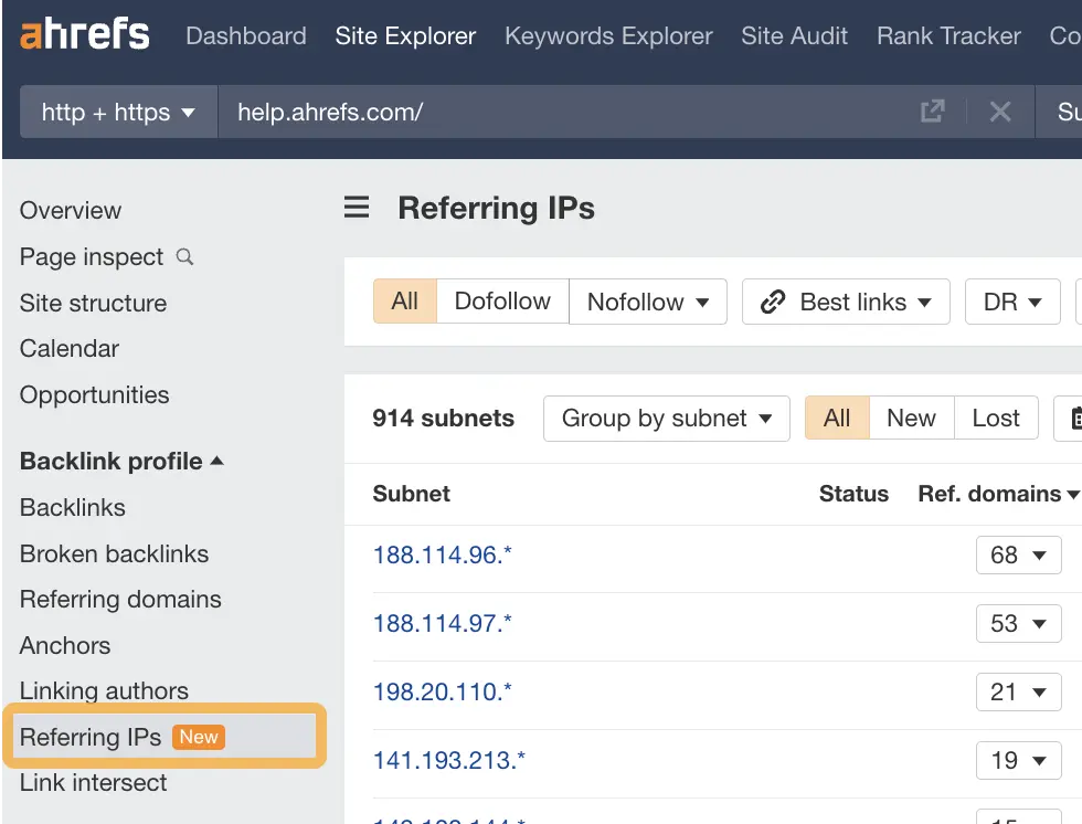 Ahrefs Site Explorer displaying Referring IPs for analyzing PBN Links through various subnets and backlink profiles.