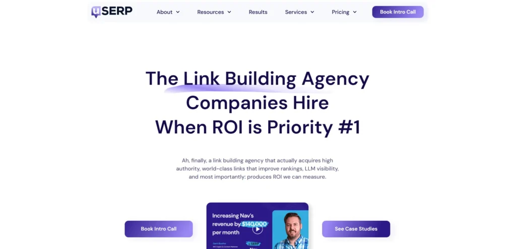 Link building agency offers to buy backlinks for ROI-focused companies, featuring services and case studies.