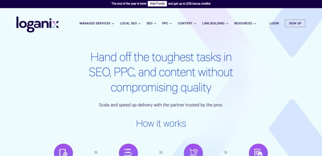 Loganix homepage offering SEO, PPC, content services, and option to buy backlinks efficiently and professionally.