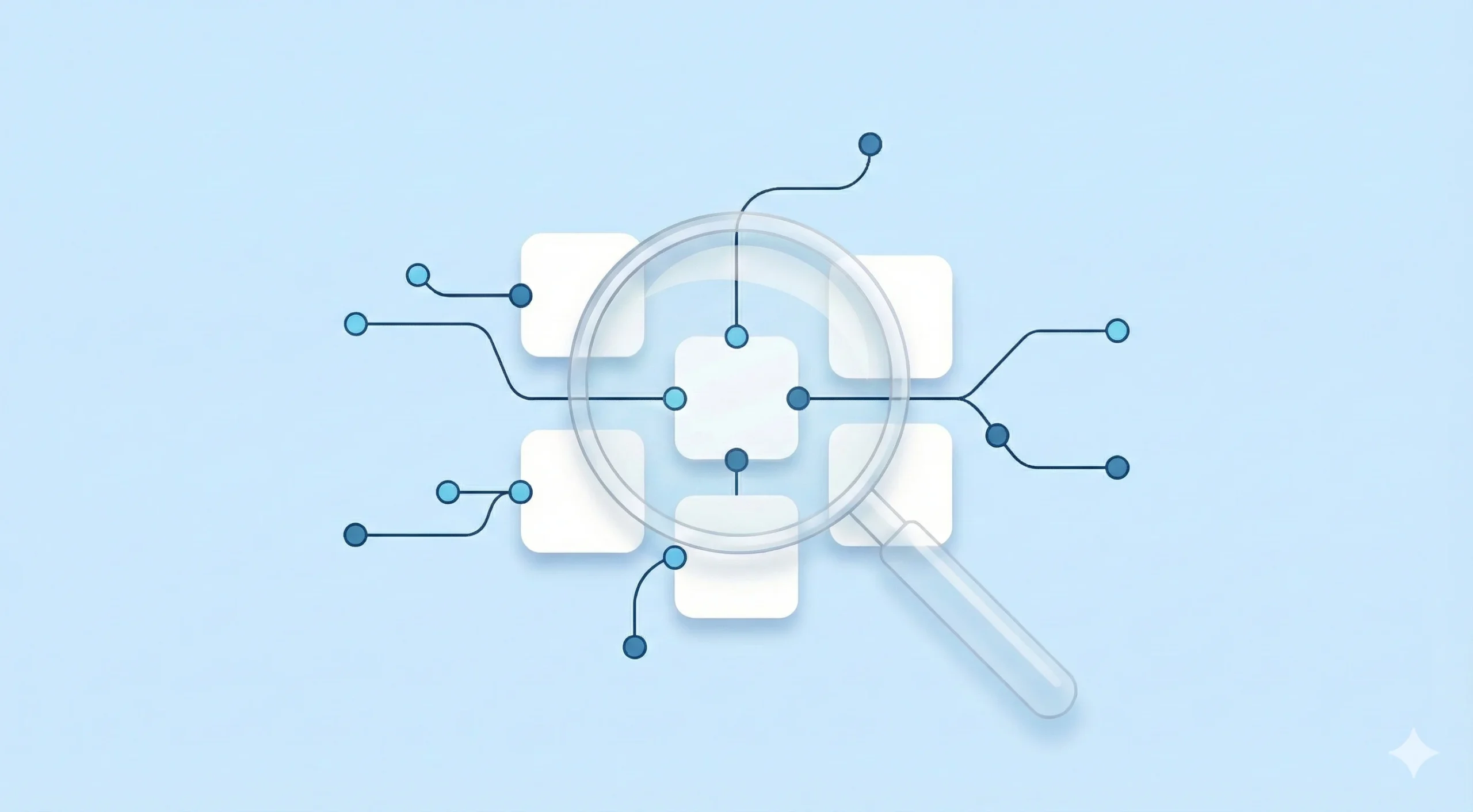 Magnifying glass highlighting a network of editorial links on a blue background.