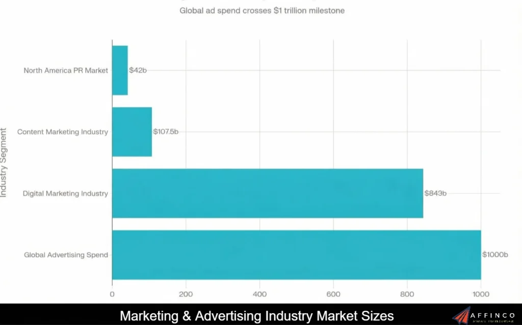Bar chart of marketing market sizes; global ad spend reaches $1 trillion, highlighting financial backlinks opportunities.