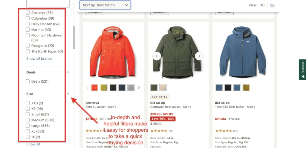 Ecommerce page displaying men's jackets with brand, size filters, and pricing; aids in ecommerce link building strategies.