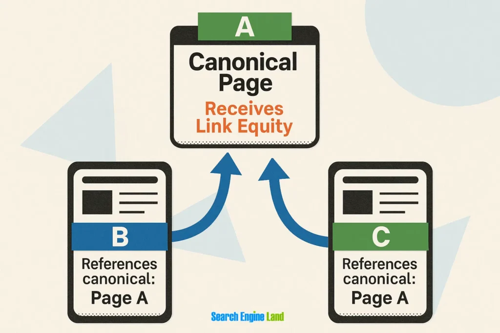 Diagram of link building for lawyers showing Page A as the canonical page receiving link equity from Pages B and C.