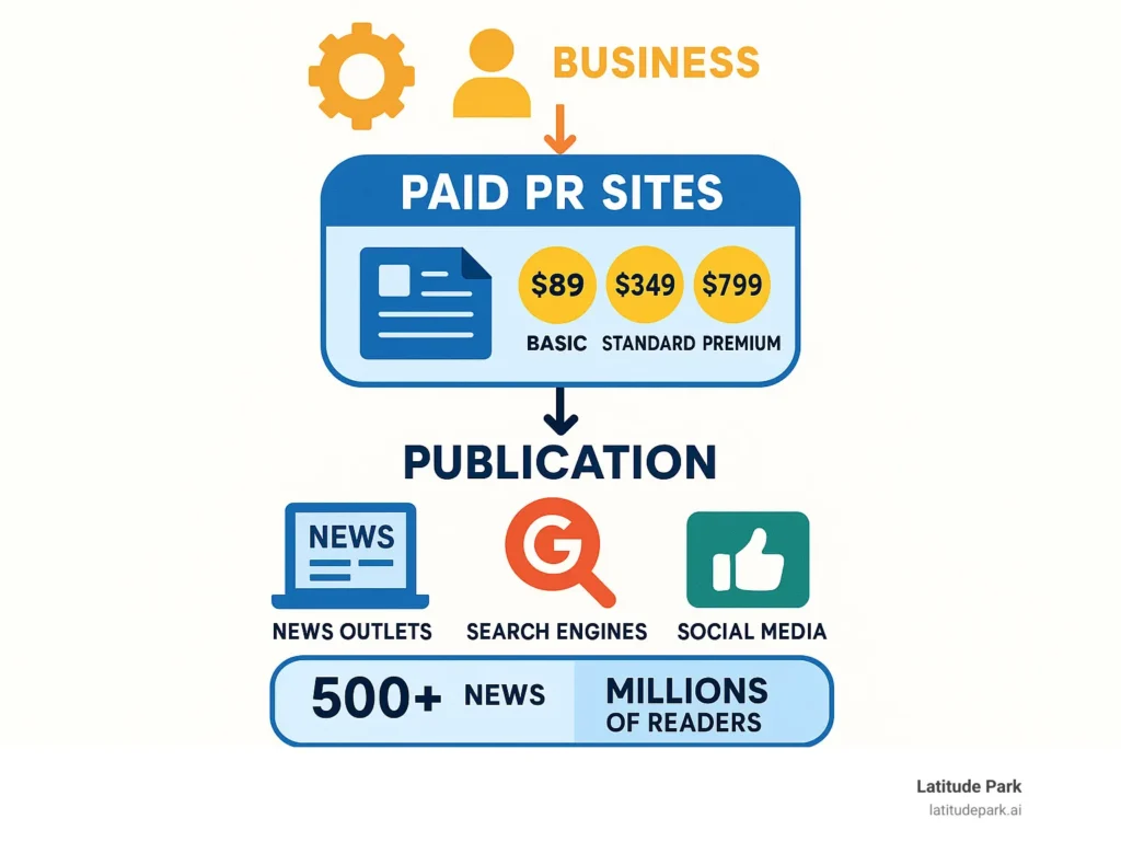 Flowchart of Real Estate Link Building via paid PR sites, leading to publication on news, search engines, and social media.