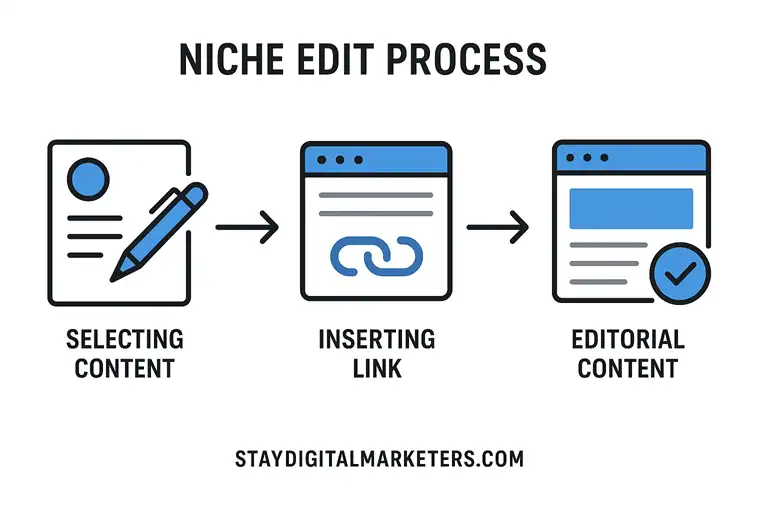 Niche edit process diagram for real estate link building: selecting content, inserting link, editorial content.